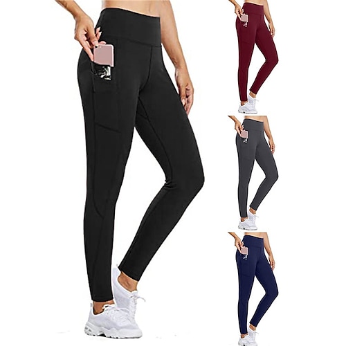 

Women's Leggings Yoga Pants Side Pockets Tummy Control Butt Lift High Waist Yoga Fitness Gym Workout Cropped Leggings Bottoms Black Grey Burgundy Sports Activewear High Elasticity Skinny / Athletic