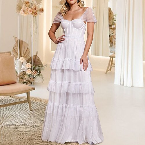 

A-Line Wedding Dresses Strapless Floor Length Tulle Sleeveless Romantic Simple Sparkle & Shine Backless with Sequin Cascading Ruffles 2022