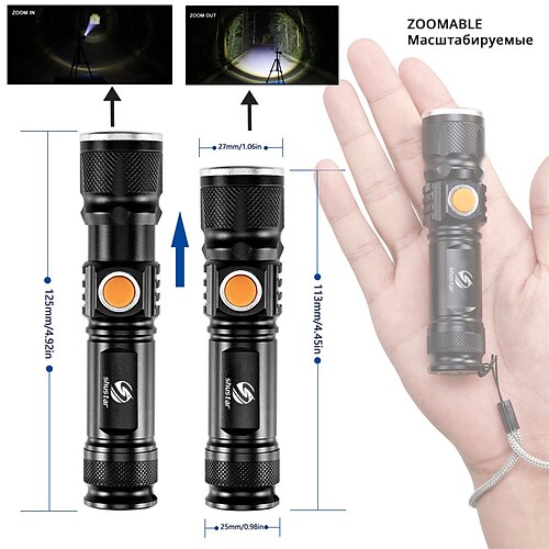  Super bright Rechargeable LED Flashlight With Tail USB Charging Head Zoomable waterproof Torch Portable light 3 Lighting modes Built-in battery