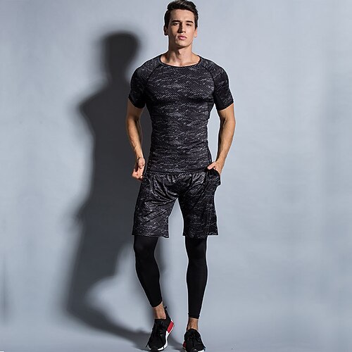 

Men's Activewear Set Compression Suit Side Pockets 3-Piece Athletic Spandex Breathable Quick Dry Moisture Wicking Fitness Running Jogging Sportswear Activewear Black