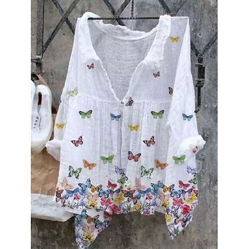 

Women's T shirt Tee Butterfly Casual Holiday Weekend Butterfly T shirt Tee Long Sleeve Print V Neck Beach White S