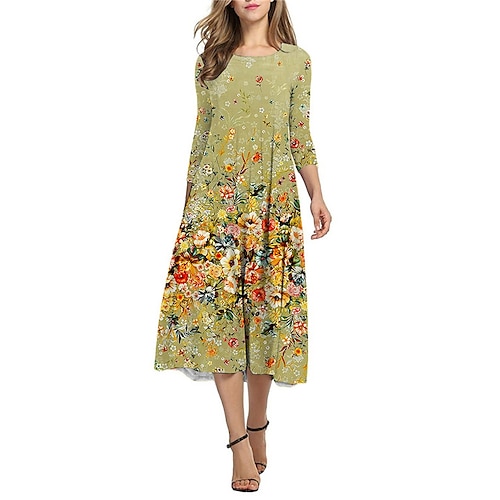 

Robe mi-longue Femme Robe casual Manches 3/4 Automne Hiver - Vacances Décontractées Ruché Imprimer Floral Col Ras du Cou 2023 Jaune Bleu Gris S M L XL XXL 3XL