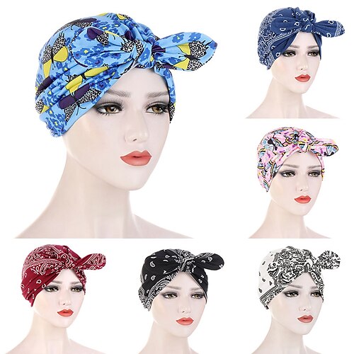 

6 Colors New Fashion Bandanas Women Print Knotted Twist Turban Hat Twist Hijab Bonnet Cap India Hat Rabbit Ear Headband Muslim Hijab