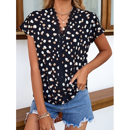 

Women's Shirt Polka Dot Daily Work Weekend Shirt Short Sleeve Lace Lace Trims Print V Neck Casual Streetwear Black S / 3D Print
