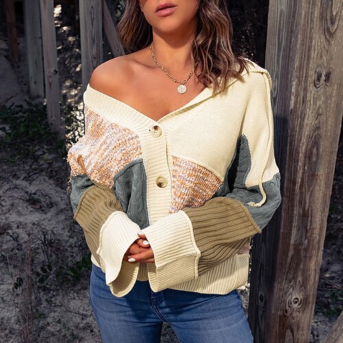 

Women's Cardigan Sweater Jumper Ribbed Cable Knit Knitted Button Striped Hooded Stylish Casual Home Daily Fall Winter Beige S M L / Long Sleeve