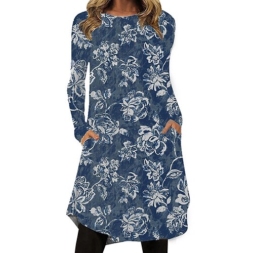 

Women's Shift Dress Knee Length Dress Blue Long Sleeve Floral Pocket Print Fall Spring Crew Neck Casual Vacation 2022 S M L XL XXL 3XL