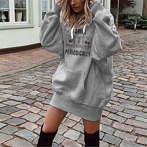 

Women's Shift Dress Short Mini Dress Gray Long Sleeve Letter Pocket Print Fall Spring Hooded Casual 2022 S M L XL XXL 3XL