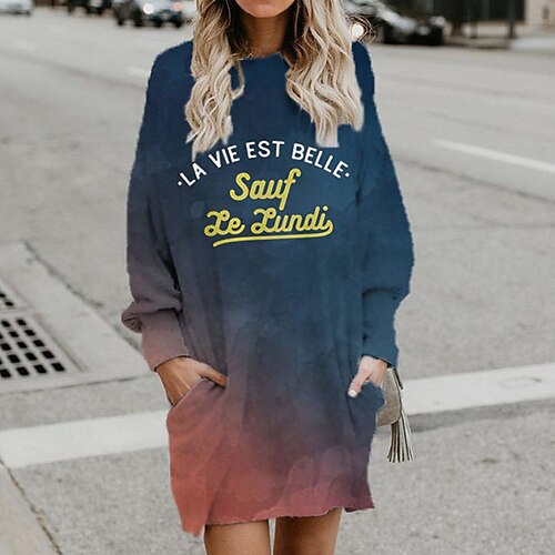 

Women's Shift Dress Short Mini Dress Blue Long Sleeve Fall Color Gradient Letter Pocket Print Fall Winter Hooded Casual 2022 S M L XL XXL 3XL