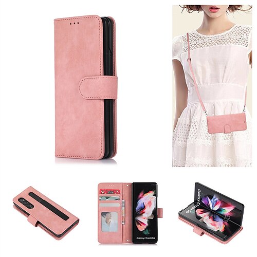 

Phone Case For Samsung Galaxy Wallet Card Z Fold 3 Wallet with Phone Strap Card Holder Slots Lines / Waves Solid Colored PC PU Leather