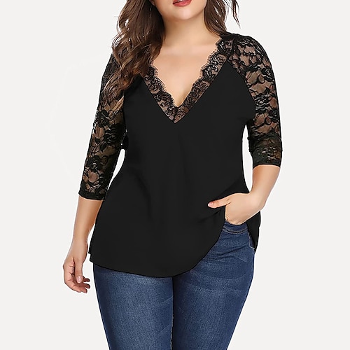 

Damen Hemd Bluse T Shirt Schwarz Gelb Rosa Farbblock Spitze Patchwork 3/4 Ärmel Casual Wochenende Basic V Ausschnitt Standard S