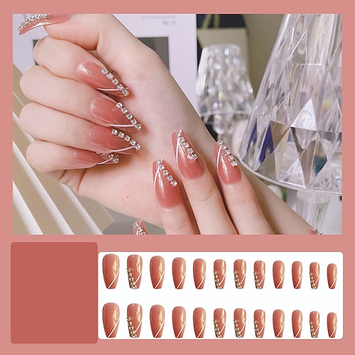 

24pcs V-stripe Diamond Jelly Powder Wearing Nails Xiaohongshu with the Same Hot-selling French Manicure