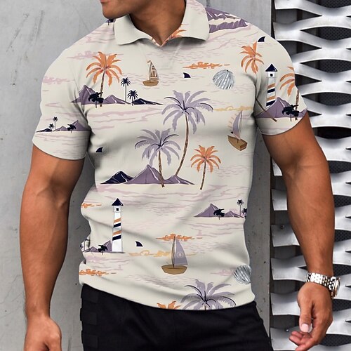 

Men's Collar Polo Shirt Golf Shirt Coconut Tree Turndown Beige 3D Print Outdoor Casual Short Sleeve Print Clothing Apparel Fashion Designer Casual Comfortable / Sports