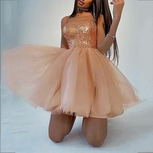 

Women's Strap Dress Short Mini Dress Pink Sleeveless Solid Color Sequins Layered Patchwork Spring Summer Spaghetti Strap Cold Shoulder Stylish Elegant Prom Dress 2022 XXL