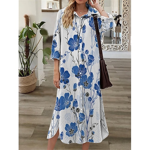 

Women's Shift Dress Midi Dress Green Blue Yellow 3/4 Length Sleeve Floral Button Print Fall Spring Shirt Collar Casual Fashion 2022 S M L XL XXL 3XL
