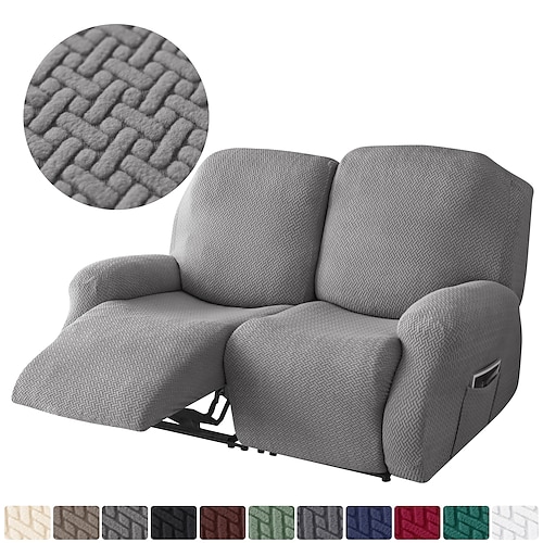 

6-Pieces Set Stretch Recliner Cover Recliner Couch Covers with Side Pocket,Non Slip Reclining Slipcovers for Standard 2 Seater Recliner, Soft Thick Check Jacquard Fabric