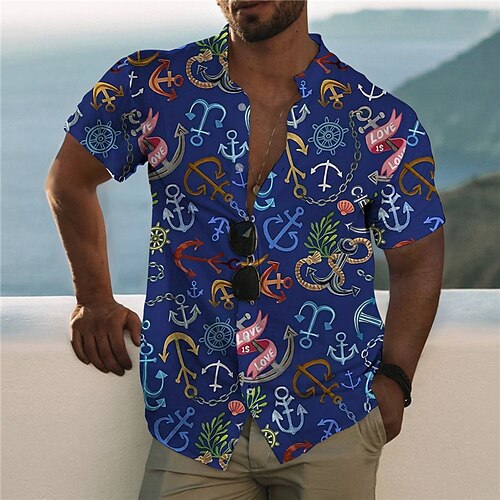 

Men's Shirt 3D Print Anchor Stand Collar Casual Daily Button-Down Print Short Sleeve Tops Designer Casual Fashion Comfortable Blue / Sports