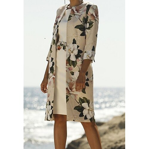 

Women's Dress Set Two Piece Dress Sheath Dress Midi Dress Beige 3/4 Length Sleeve Floral Layered Winter Fall Autumn Crew Neck Modern 2022 S M L XL XXL 3XL