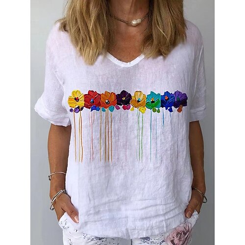 

Women's T shirt Tee Floral Casual Daily T shirt Tee Short Sleeve Print U Neck Basic Essential Loose White S / 3D Print
