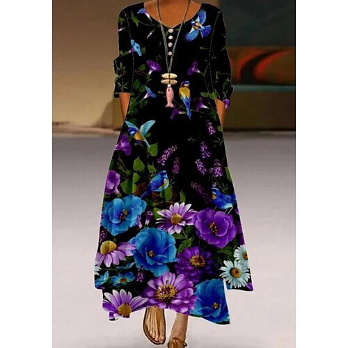 

Women's Long Dress Maxi Dress Black Half Sleeve Floral Ruched Winter Fall Spring Crew Neck Modern Weekend 2022 S M L XL 2XL 3XL