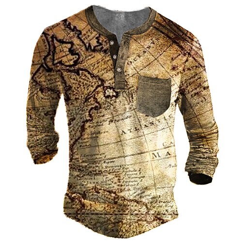 

Men's Henley Shirt Tee T shirt Tee 3D Print Graphic Patterned Map Plus Size Henley Daily Sports Button-Down Print Long Sleeve Tops Designer Basic Casual Classic Brown