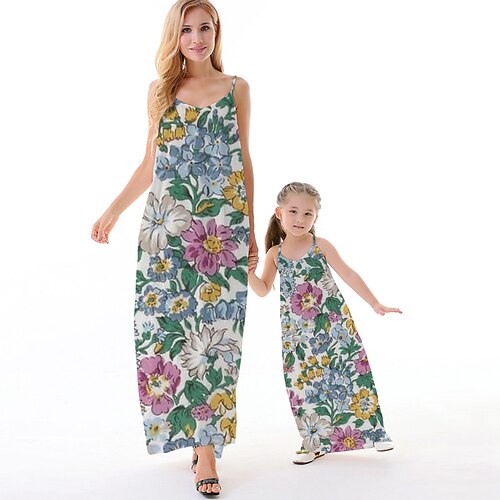 

Mommy and Me Dresses Floral Causal Backless Green Sleeveless Maxi Strap Dress Active Matching Outfits