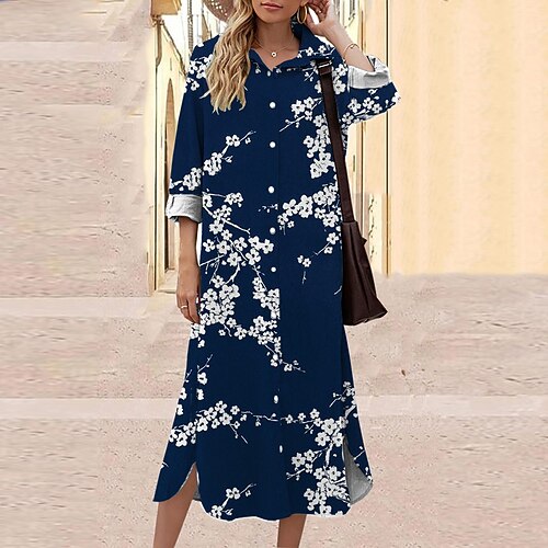 

Women's Shift Dress Midi Dress Khaki Navy Blue 3/4 Length Sleeve Floral Geometric Button Print Fall Spring Shirt Collar Casual Fashion 2022 S M L XL XXL 3XL