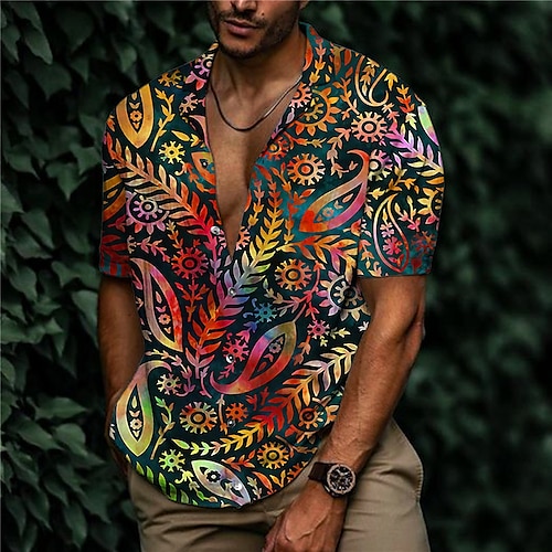 

Men's Shirt Graphic Shirt Floral Turndown Green Blue Rainbow Gray 3D Print Outdoor Street Short Sleeve Button-Down Print Clothing Apparel Fashion Designer Casual Breathable / Summer / Spring / Summer