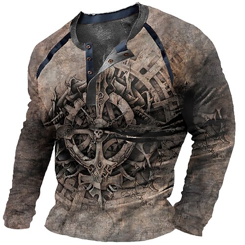 

Men's Henley Shirt T shirt Tee 3D Print Graphic Patterned Skull Henley Street Casual Button-Down Print Long Sleeve Tops Designer Basic Fashion Classic Brown / Summer / Sports / Spring / Summer