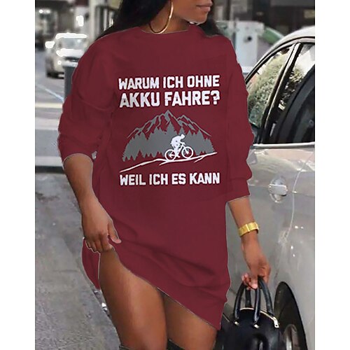 

Women's Shift Dress Short Mini Dress Wine Long Sleeve Print Letter Print Fall Spring Crew Neck Casual Fashion 2022 S M L XL XXL 3XL