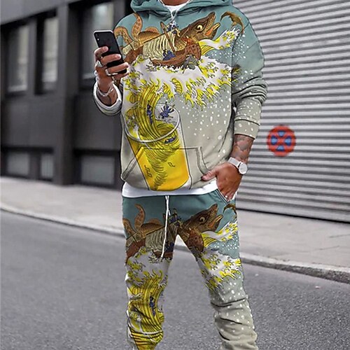 

Men's Tracksuit Hoodies Set Cartoon Graphic Patterned 2 Piece Print Sports Outdoor Casual Sports 3D Print Sportswear Basic Essential Hoodies Sweatshirts Blue Gray Yellow
