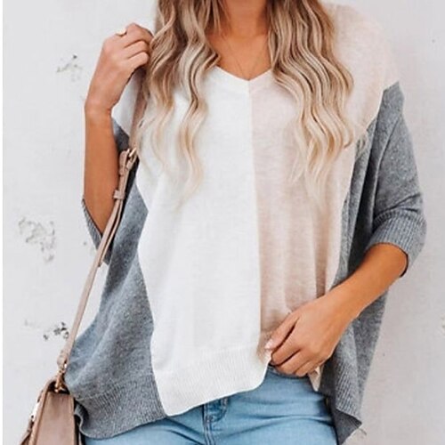 

Women's Pullover Sweater Jumper Ribbed Knit Knitted Color Block V Neck Stylish Casual Daily Holiday Fall Winter Gray Khaki S M L / Long Sleeve / Regular Fit / Going out