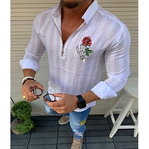 

Men's Shirt Striped Solid Color Skull Rose Turndown Street Casual Zipper Half Sleeve Tops Designer Casual Fashion Breathable White Black Red / Summer