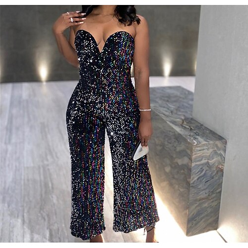 

Women's Jumpsuit Backless Sequin Polka Dot Strapless Elegant Party Going out Regular Fit Sleeveless Black S M L Fall