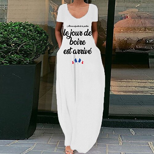 

Women's Shift Dress Maxi long Dress White Short Sleeve Letter Pocket Print Spring Summer V Neck Elegant Casual Vacation 2022 S M L XL XXL 3XL