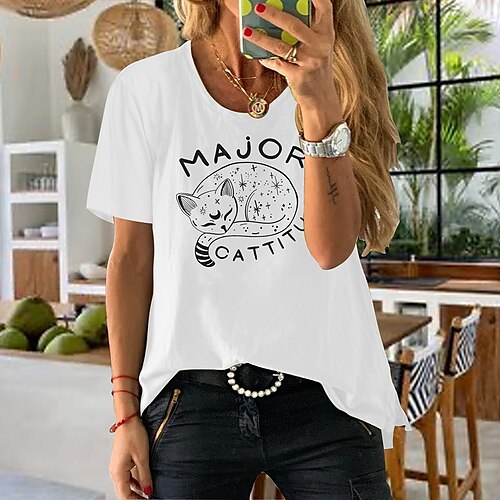 

Women's T shirt Tee Blue Pink Fuchsia Cat Text Print Short Sleeve Casual Weekend Basic Round Neck Regular Cotton Cat Painting S