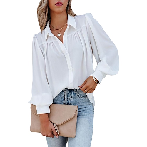 

Mujer Camisa Blusa Negro Blanco Rosa Plano Retazos Manga Larga Casual Casual Cuello Camisero Regular S