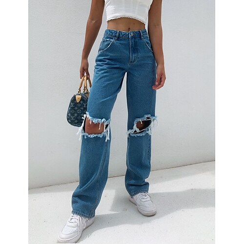 

Women's Pants Trousers Jeans Straight Denim Blue Mid Waist Fashion Casual Weekend Side Pockets Cut Out Micro-elastic Full Length Comfort Plain S M L XL XXL