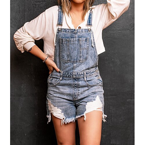 

Women's Jumpsuit Rompers Denim Light Blue Mid Waist Casual / Sporty Athleisure Casual Weekend Side Pockets Cut Out Micro-elastic Short Comfort Plain S M L XL