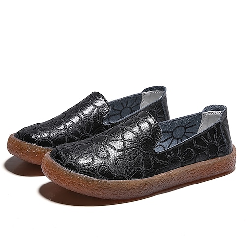 

Women's Slip-Ons Work Daily Summer Low Heel Round Toe Casual Sweet Walking Shoes PU Leather Loafer Black Gray White
