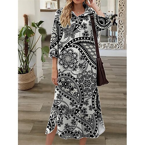 

Women's Shift Dress Midi Dress Black 3/4 Length Sleeve Floral Button Print Fall Spring Shirt Collar Casual Fashion 2022 S M L XL XXL 3XL
