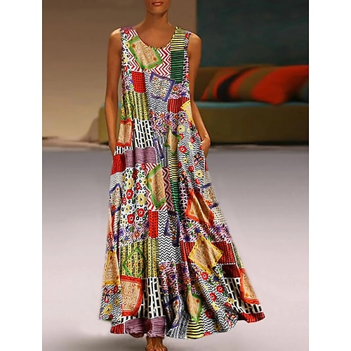 

Women's Casual Dress Swing Dress Long Dress Maxi Dress Khaki Sleeveless Tribal Pocket Summer Spring Color Blocks Crew Neck Hot Linen M L XL XXL 3XL 4XL 5XL
