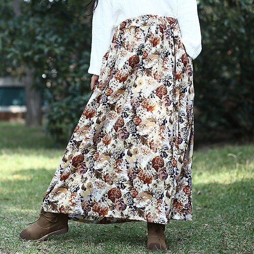 

Women's Streetwear Swing Skirts Holiday Weekend Cotton Floral Print Brown One-Size / Maxi / Loose