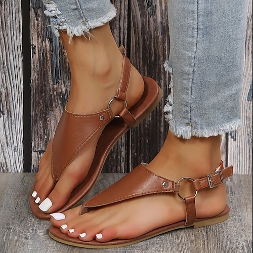 

Women's Sandals Flat Sandals Buckle Flat Heel Round Toe Classic Daily Walking Shoes PU Leather Ankle Strap Spring Summer Solid Colored Dark Brown