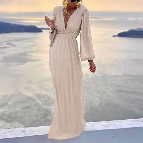 

Women's Party Dress Sequin Dress Long Dress Maxi Dress Khaki Long Sleeve Pure Color Mesh Winter Fall Autumn V Neck Party Winter Dress Fall Dress S M L XL