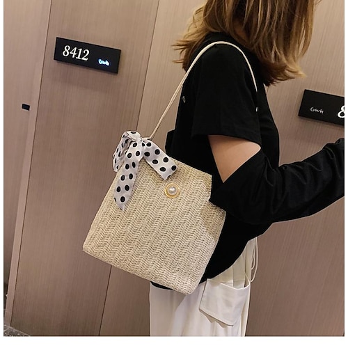

Women's Girls' Sling Bags Work Bag Tote Shoulder Bag Straw White khaki