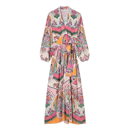 

Mulheres Vestido casual Vestido Swing Vestido Longo Vestido Maxi Rosa Manga Longa Floral Cordões Inverno Outono Decote V Roupa de inverno Vestido de outono 2022 XS S M L