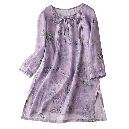 

Women's Shift Dress Short Mini Dress Purple 3/4 Length Sleeve Floral Print Fall Spring Round Neck Casual 2022 S M L XL XXL 3XL 4XL 5XL
