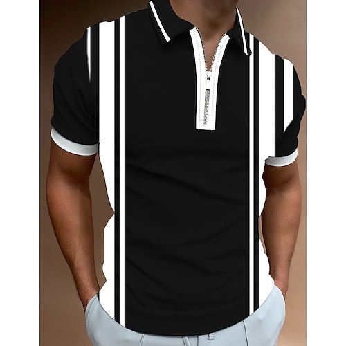 

Men's Collar Polo Shirt Golf Shirt Striped Collar Black Outdoor Street Short Sleeve Zipper Print Clothing Apparel Fashion Streetwear Sportswear Casual / Summer / Summer