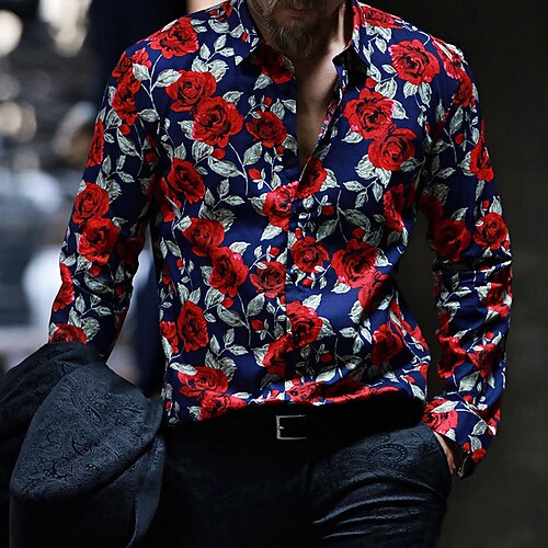 

Men's Shirt 3D Print Floral Turndown Street Casual Button-Down Print Long Sleeve Tops Casual Fashion Breathable Red