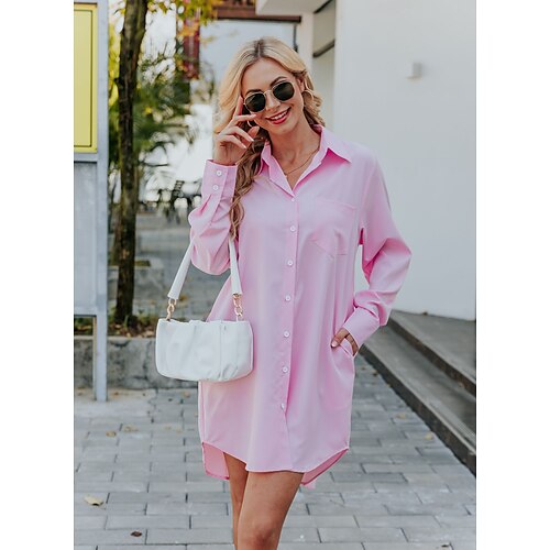 

Women's Shirt Blouse White Pink Navy Blue Plain Striped Button Pocket Long Sleeve Daily Weekend Streetwear Casual Shirt Collar Long S